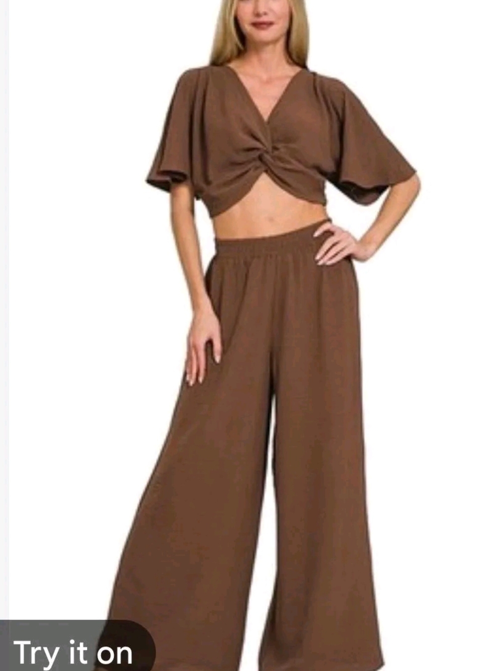 Women's Wide-Leg Pants/Top Set in Green - Relaxed Elastic Waist Medium